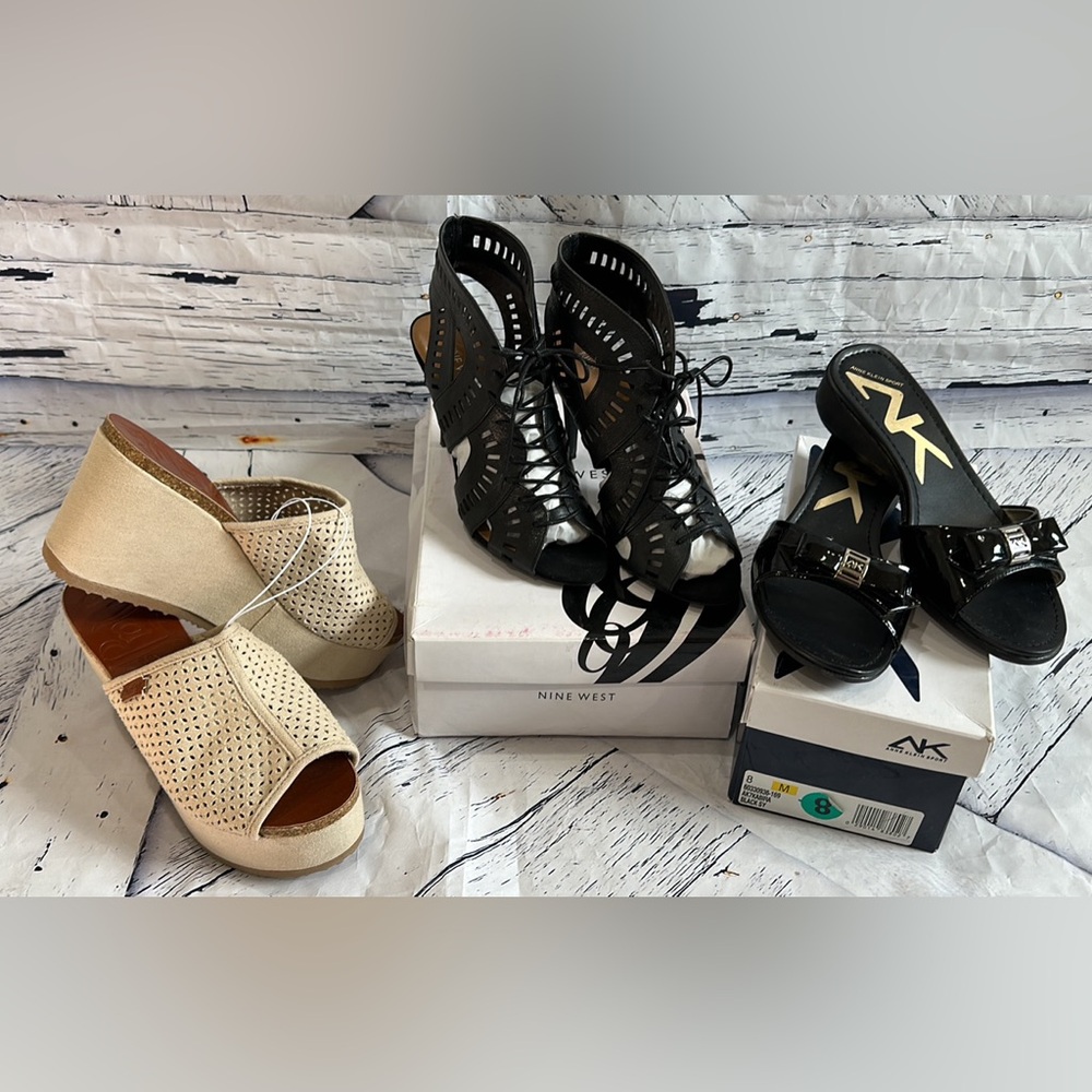 LOT 3 SHOES NINE WEST LEATHER HEELS 8 ANNE KLEIN SANDALS 8 PLATFORM WEDGES 8.5